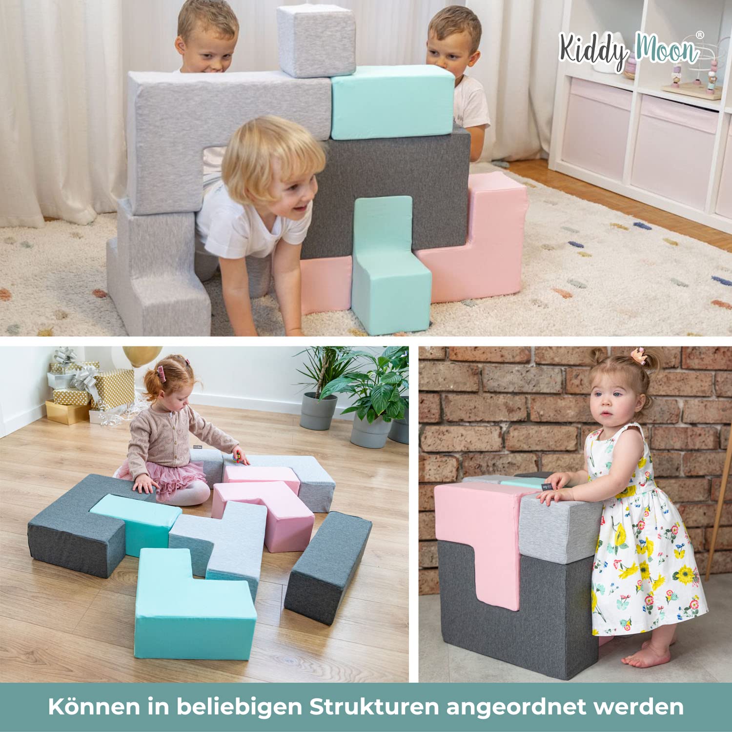 KiddyMoon Schaumstoff Würfel Für Baby Weiche Blöcke 9 Stücke Schaum Spielzeug Montessori-Spielzeug Mit Schaum Und Viel Spaß Für Kinder, Mix: Hellgrau-Dunkelgrau-Pink-Mint