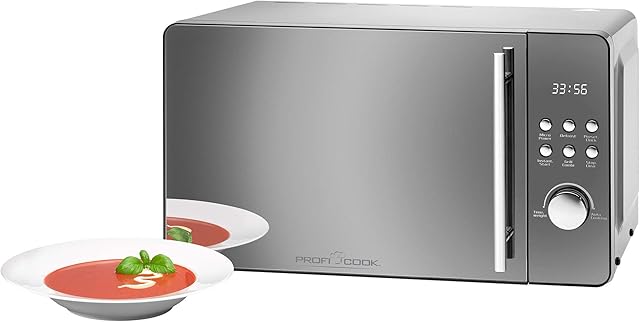 ProfiCook® Kuchenka mikrofalowa 2 w 1 z grillem, pojemność 20 l, grill 1000 W, kuchenka mikrofalowa o mocy 800 W, lustrzany szklany front, 9 programów automatycznych, zegar cyfrowy z timerem,