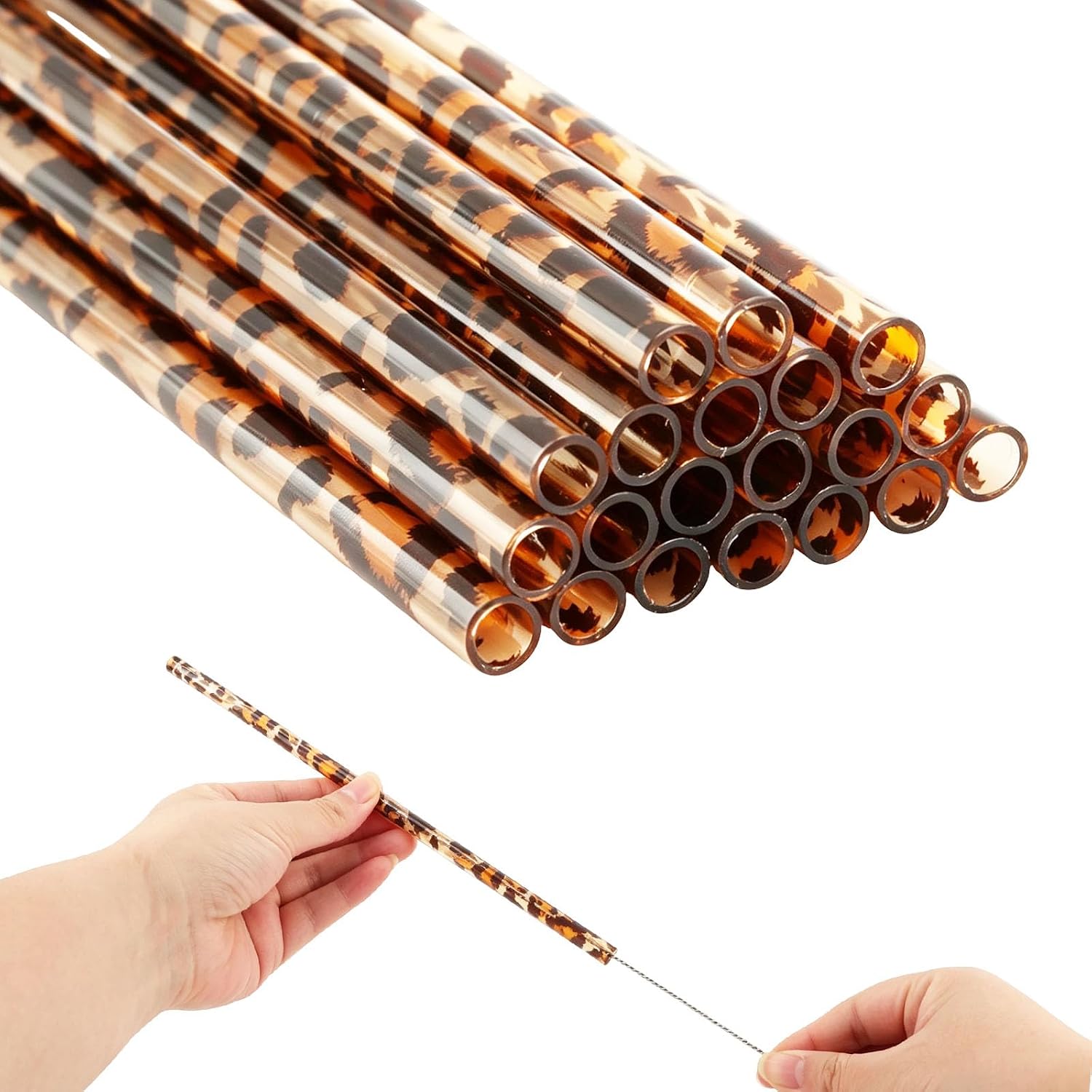 20 Pcs Reusable Leopard Straws, Hard Plastic Drinking Straws with Long Cleaning Brush, Vintage Leopard Pattern for Iced Coffee, Smoothies, Cocktails, Parties, Gifts