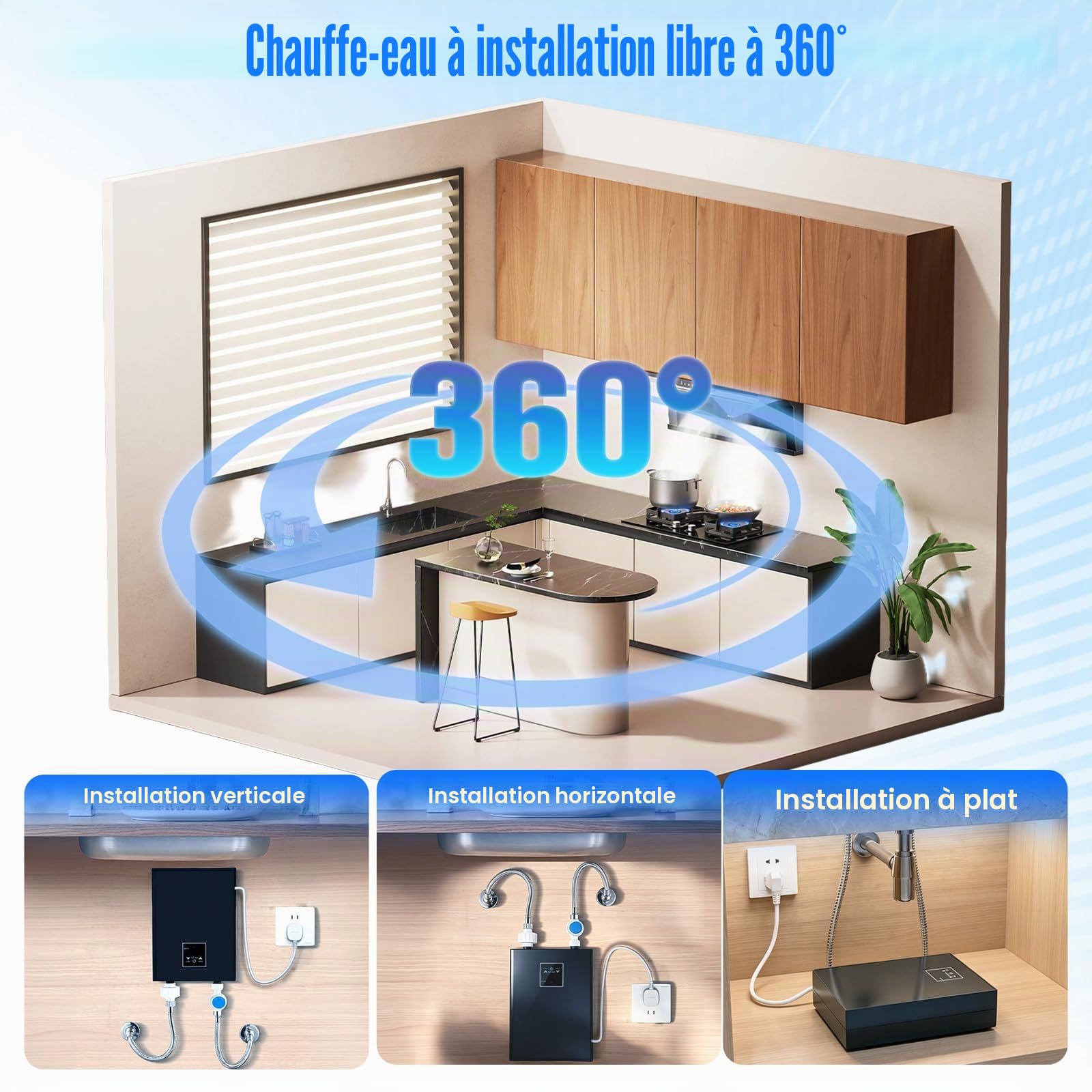 Mini chauffe-eau électrique 5500 W 220 V avec LED 30-55 °C et kit de douche, IPX4, chauffe-eau instantané compact pour douche, cuisine, camping-car (noir)