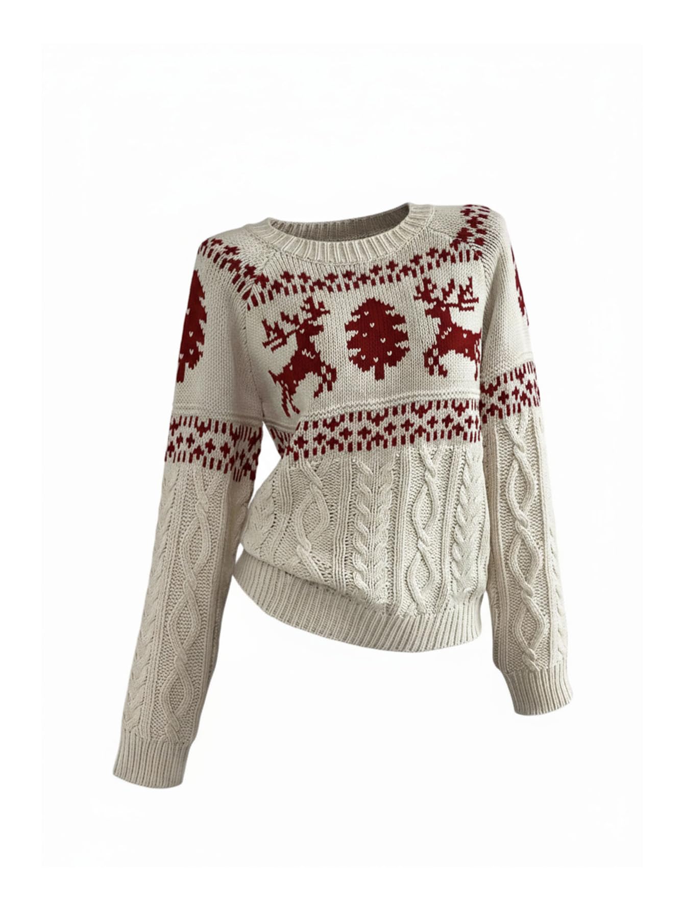 SweatyRocks Womens Deer Graphic Cable Knit Christmas Sweater Long Sleeve Crew Neck Loose Pullover Tops