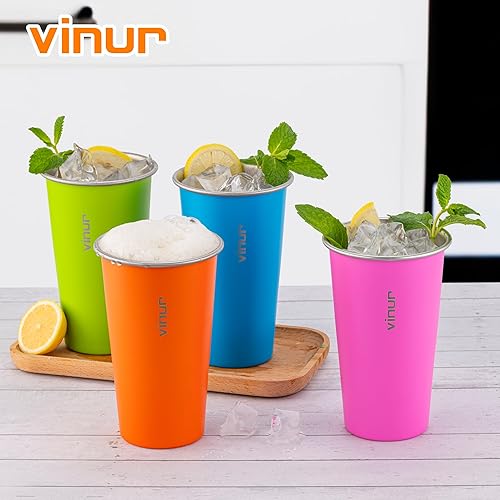 Miniatura 6 de VINUR Vasos de acero inoxidable de 20 onzas, paquete de 4 vasos apilables de metal para viajes, campamento, exteriores (azul cielo, naranja, rosa