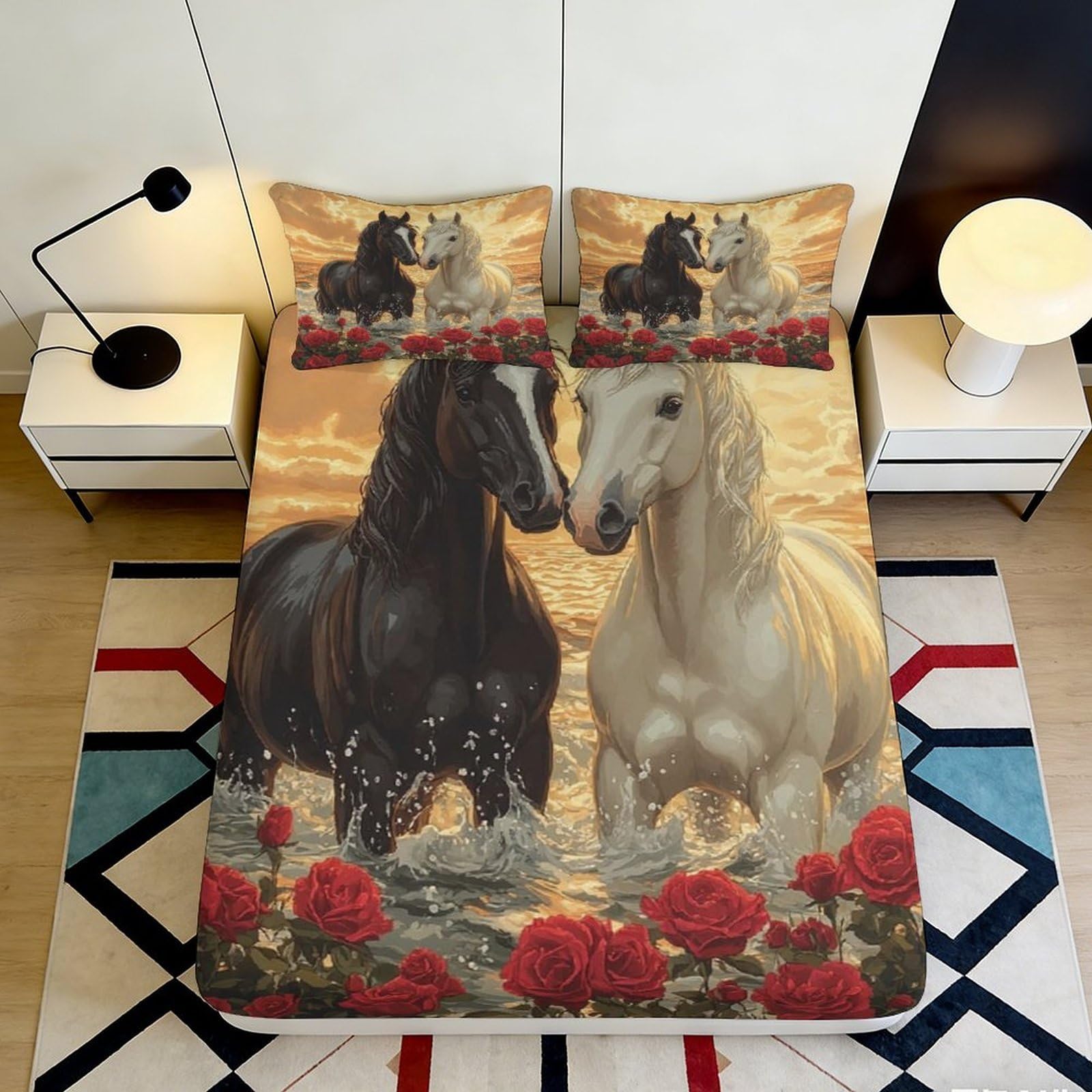 3D Printed Horse and Rose Fitted Sheet Microfiber Soft Breathable Romantic Sunset Bed Cover for Bedroom Dormitory Guest Room Mattress Protection 200x200x25cm