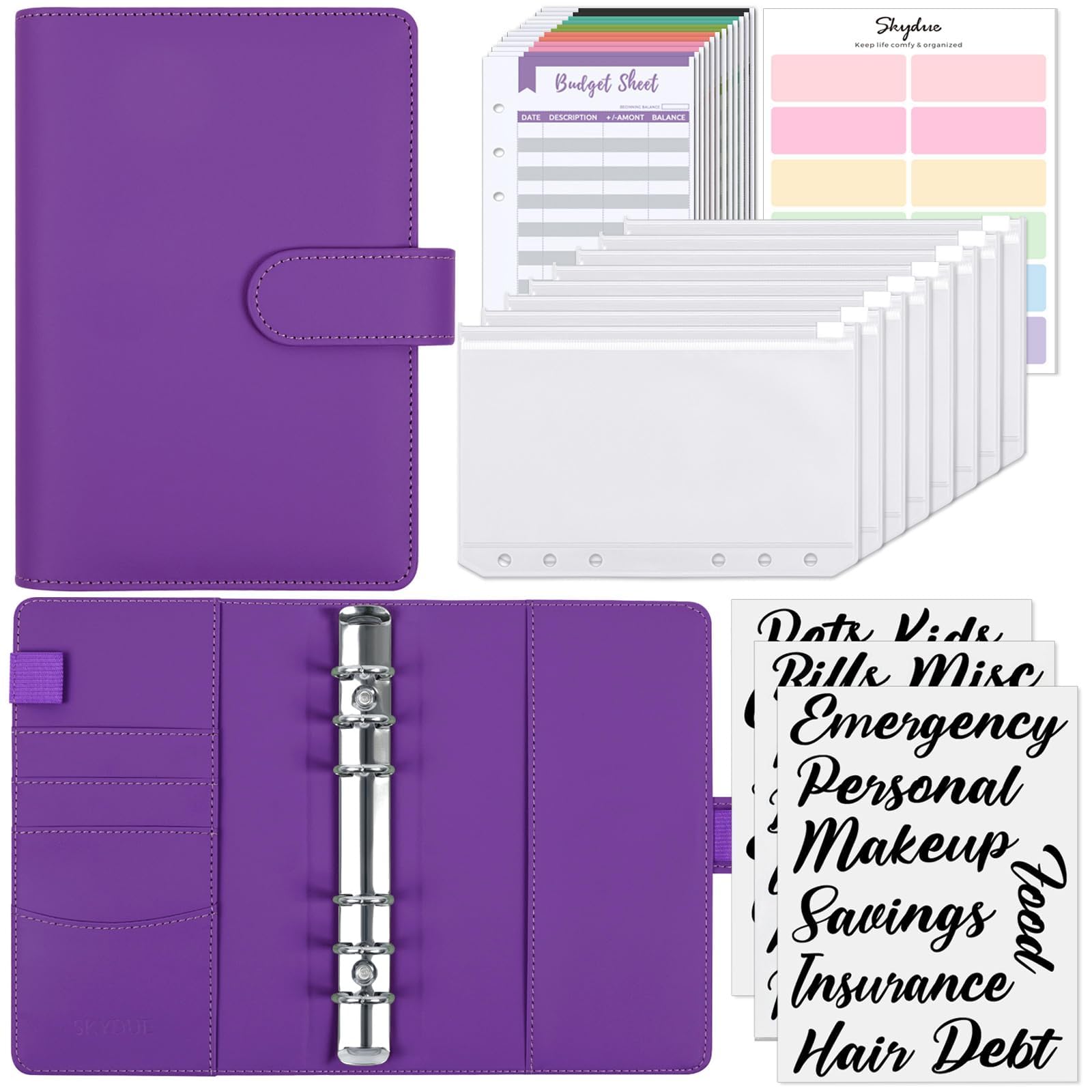 SKYDUE Budget Binder, Money Saving Binder with Zipper Envelopes, Cash Envelopes and Expense Budget Sheets for Budgeting (Violet)