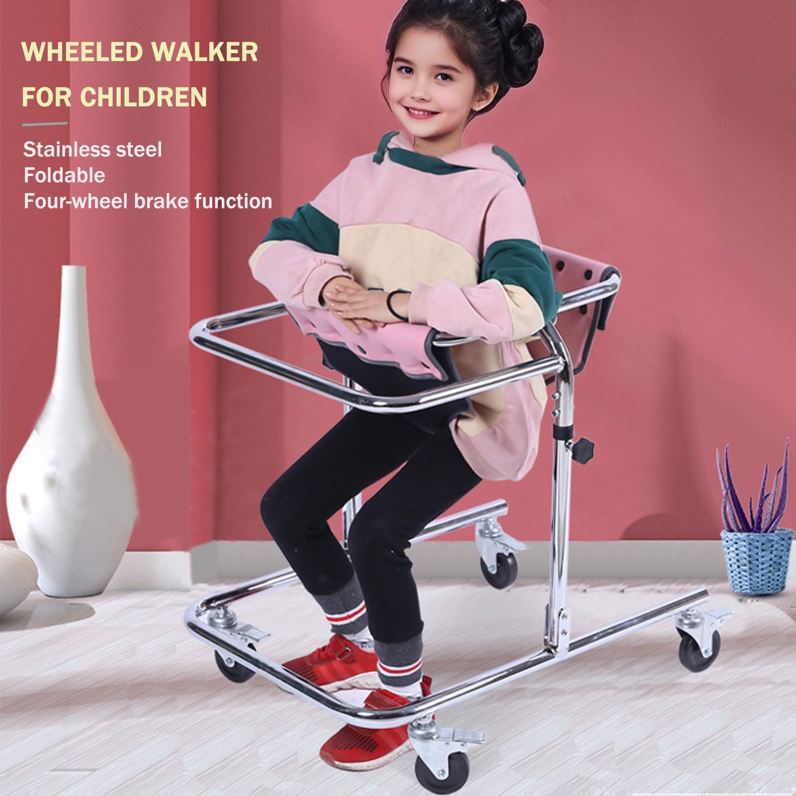 Andador para niños con parálisis cerebral, plegable, de aluminio, ligero, con ruedas, altura ajustable, andador para niños pequeños con parálisis cerebral, soporte de rehabilitación