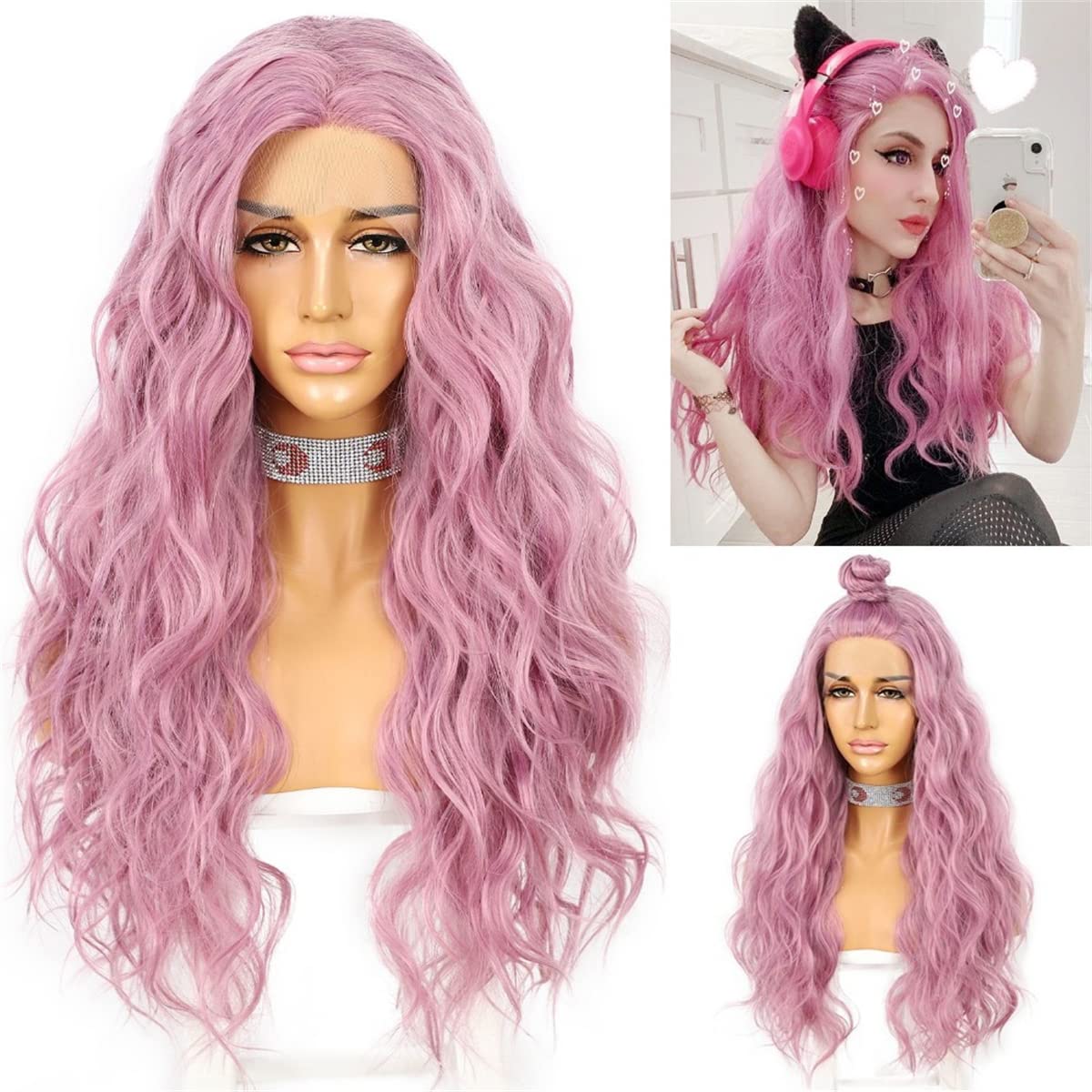 INPETS Synthetische Lace Front Perücken,Rosa Farbe Natürliche Wasserwelle Lace Front Perücke Für Frauen Hitzebeständige Faser Cosplay Make Up Hochzeit Party Perücken,18 inch