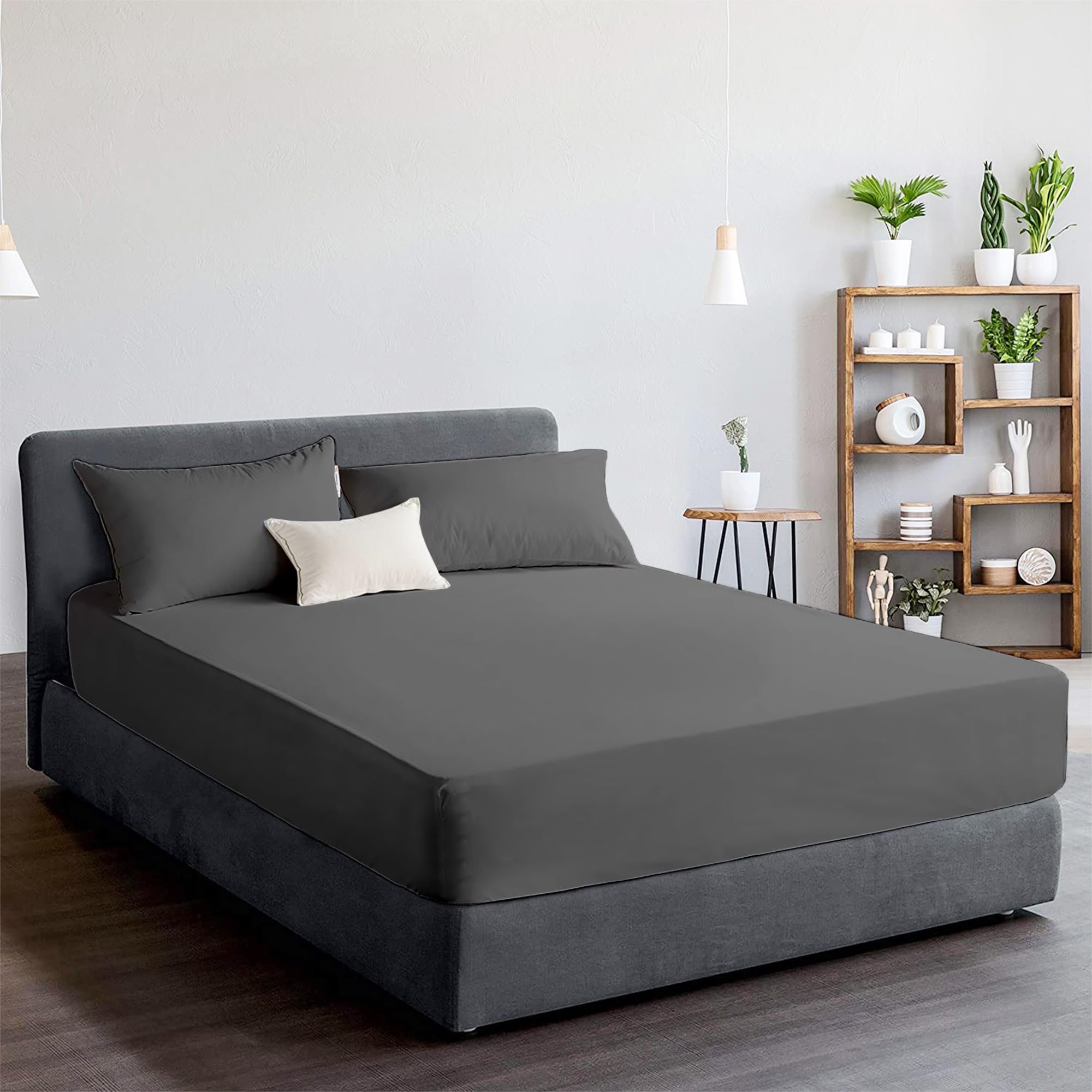 Ray Bedding Charcoal Fitted Sheet, 25Cm Deep 400 Thread Count Hotel Quality 100% Egyptian Cotton Fitted Sheet Single Double Queen King Super King (, Double)