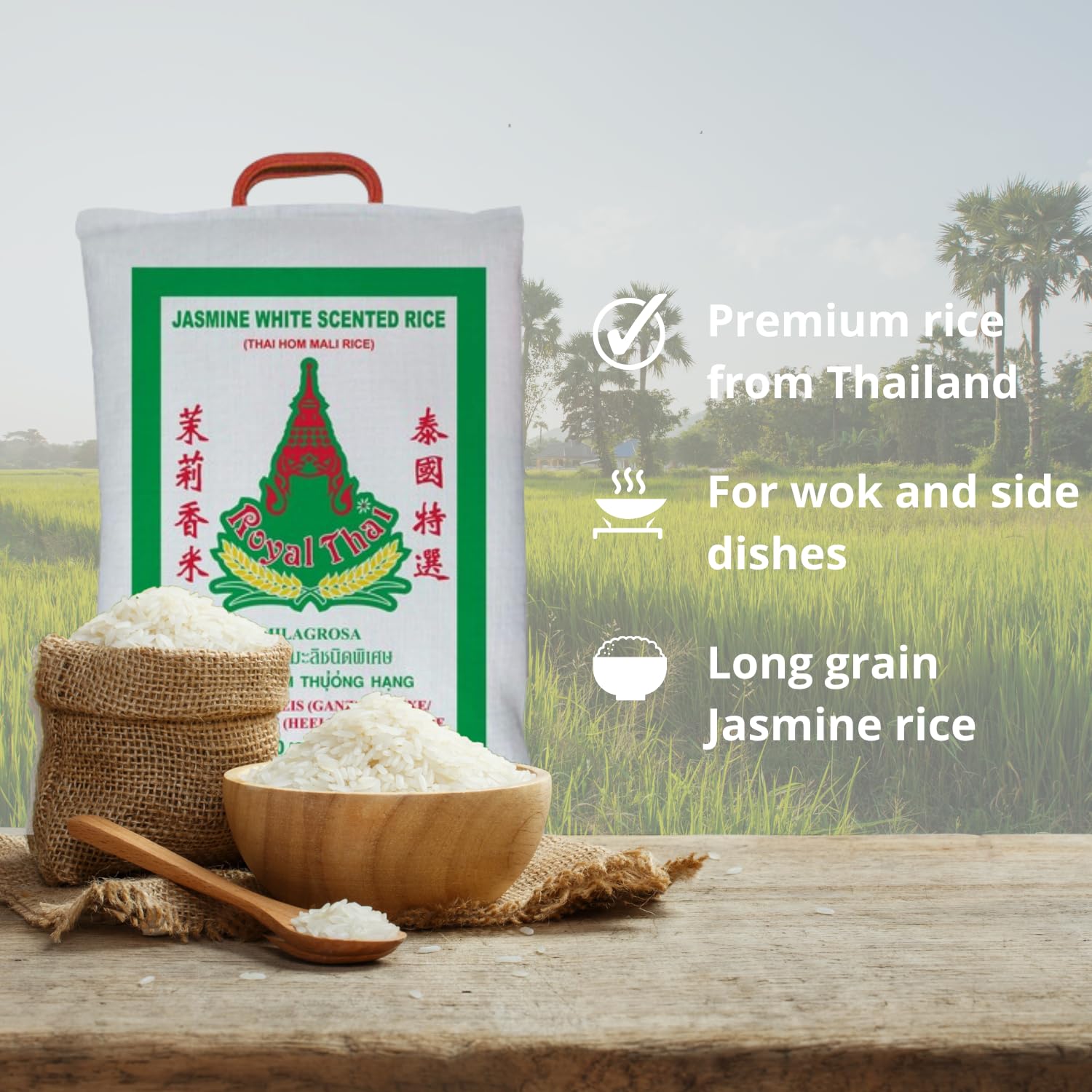 ROYAL THAI RICE - Riz Parfumé au Jasmin à Grains Longs - 1 X 10 KG | Riz thaïlandais parfumé - Conservation optimale en environnement frais et sec