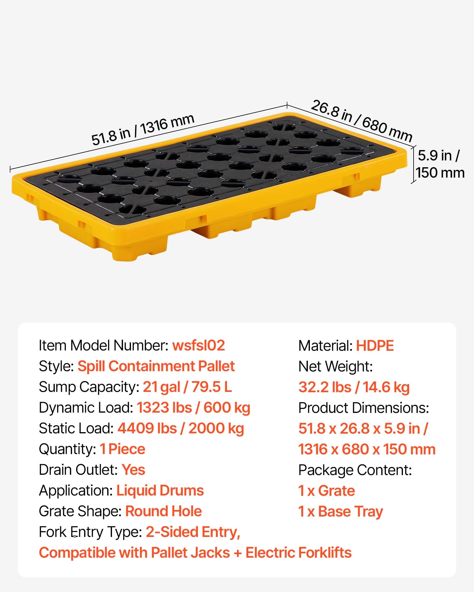 VEVOR Palette de Rétention pour 2 Fûts, Bac de Rétention avec Caillebotis et Drain, Plateforme de Déversement en PEHD à Profil Bas, Capacité 79,5 L, Charge Maximale 2000 kg, 1316x680x150 mm, Jaune