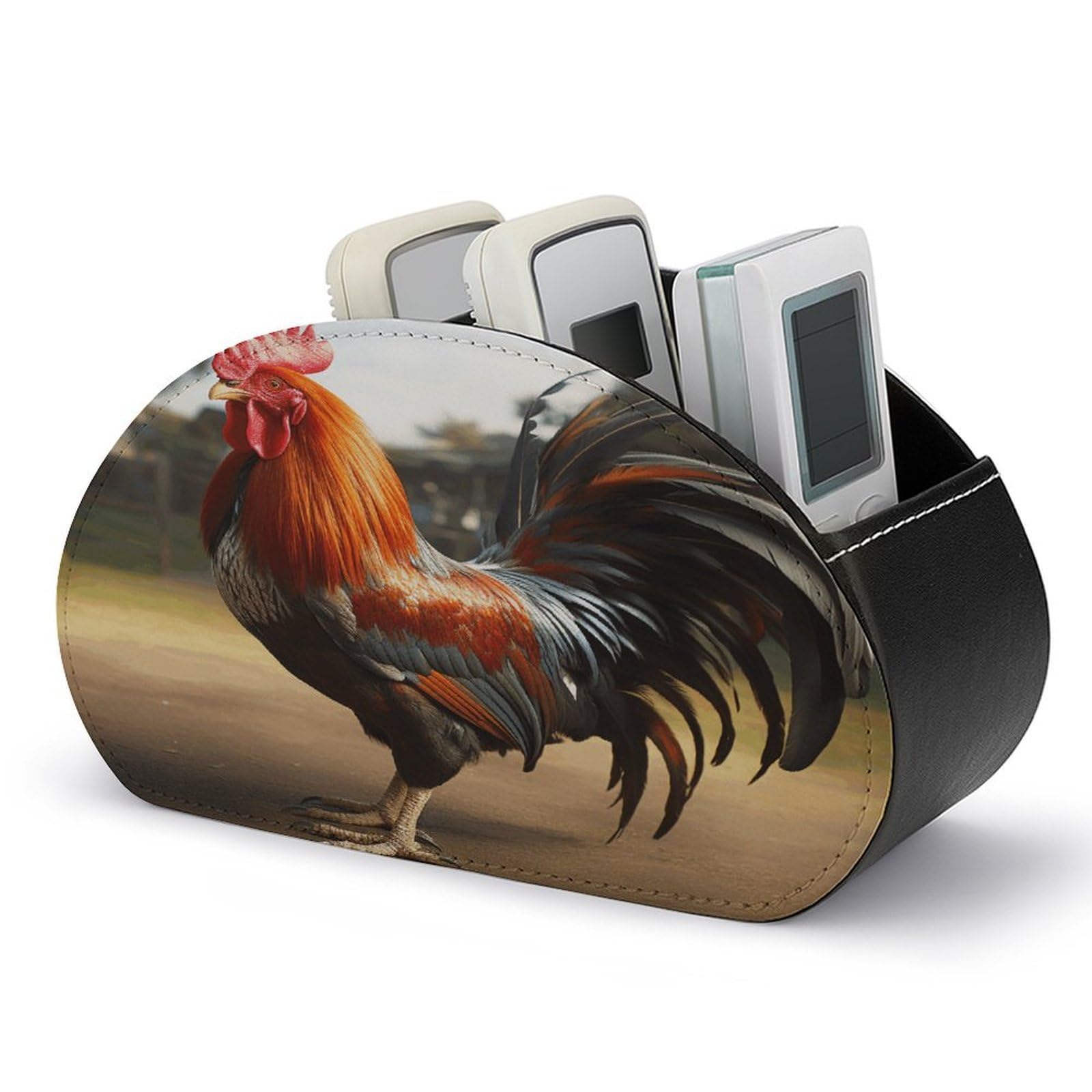 VstaDank Proud Rooster Remote Control Holder Farmhouse TV Media Remote Storage Box with 5 Compartments PU Leather Remote Caddy Desktop Organizer for Home Bedside Table Organizer