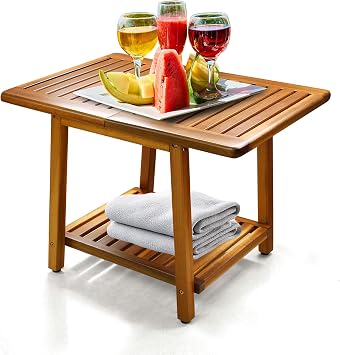 ENKEZI Acacia 24 Inches Outdoor Side Table, 2-Tier Sturdy Patio, End Table Weather Resistant, Strong Stability Side Table for Patio, Pool, Porch, Teak Finish Acacia Brown