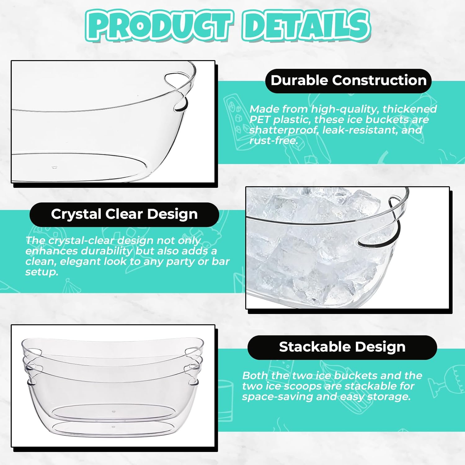 Ice Buckets 2-Pack, 5L Large Clear Acrylic Beverage Tubs with Scoops, Plastic Champagne Wine Beer Cooler for Parties, Mimosa Bar, Cocktail & Outdoor Events, Beverage Cooling Buckets
