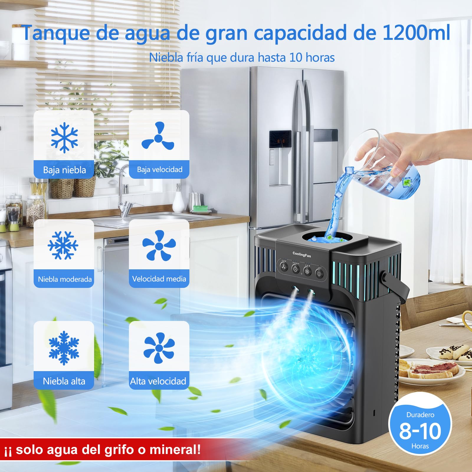 Aire Acondicionado Portatil Silencioso,1200ML Enfriador de Aire con Mando,3 Velocidades,3 Modos,2-8H Timer,7 LEDs,10W Climatizador Portatil Evaporativo para Dormitorios,Habitación,Oficina
