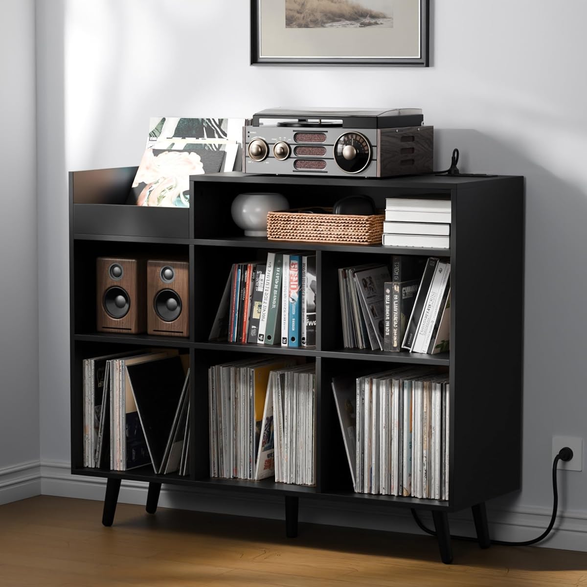 Cozy Castle Large Record Player Stand, Vinyl Storage Cabinet Mid Century Modern Turntable Stand Media Console Table Open Shelf Cube CD Album Holder Organizer for Living Room, Office, Black