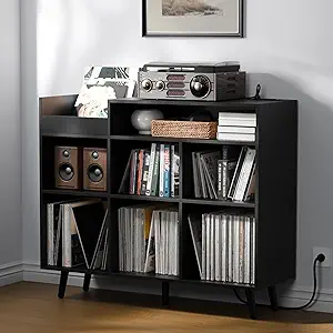 Cozy Castle Large Record Player Stand, Vinyl Storage Cabinet Mid Century Modern Turntable Stand Media Console Table Open Shelf Cube CD Album Holder Organizer for Living Room, Office, Black