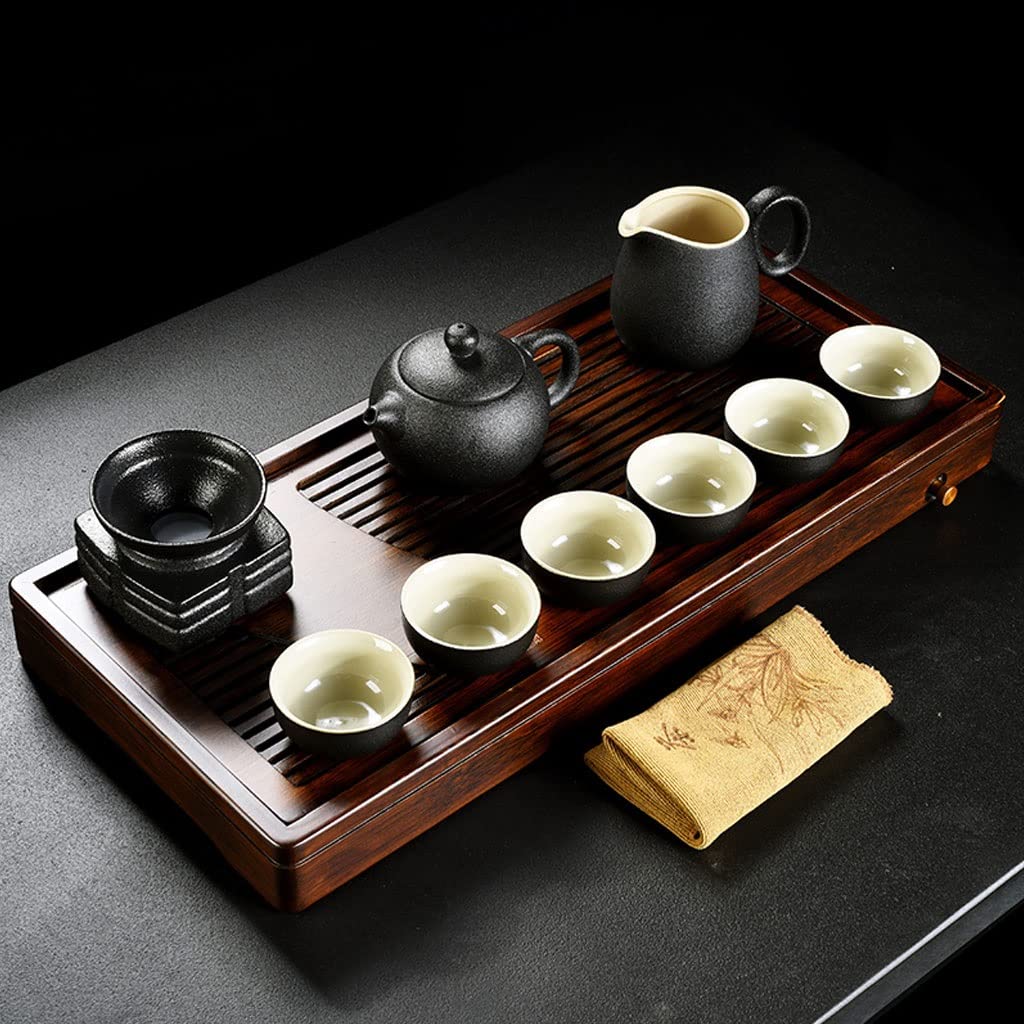 EA Set Plateau Ménage Kung Fu Théière Tasse À Thé Bol en Céramique en Bois Massif Bambou Plateau À Thé Ensemble Complet, Chinois Gongfu Table À Thé Servant