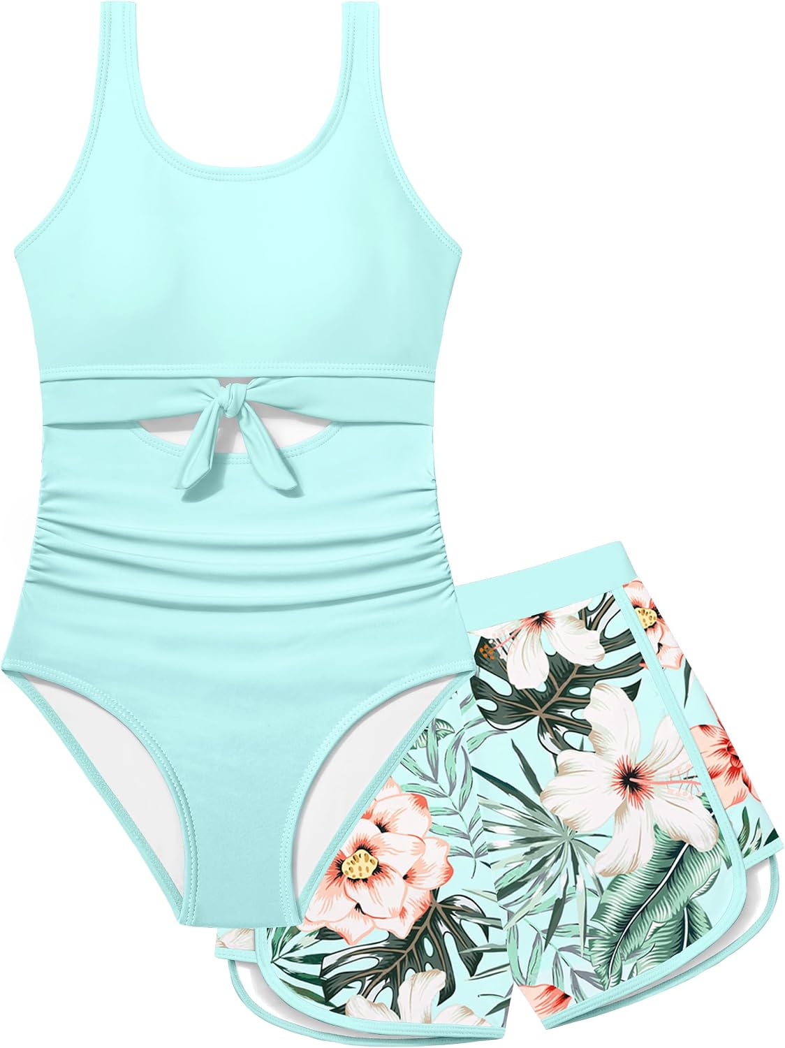 Qaoerde Girls Swimsuit One Piece Swimsuits Cutout Ruched Bathing Suits Adjustable Straps Tie Girls' Swimwear 9-16Y