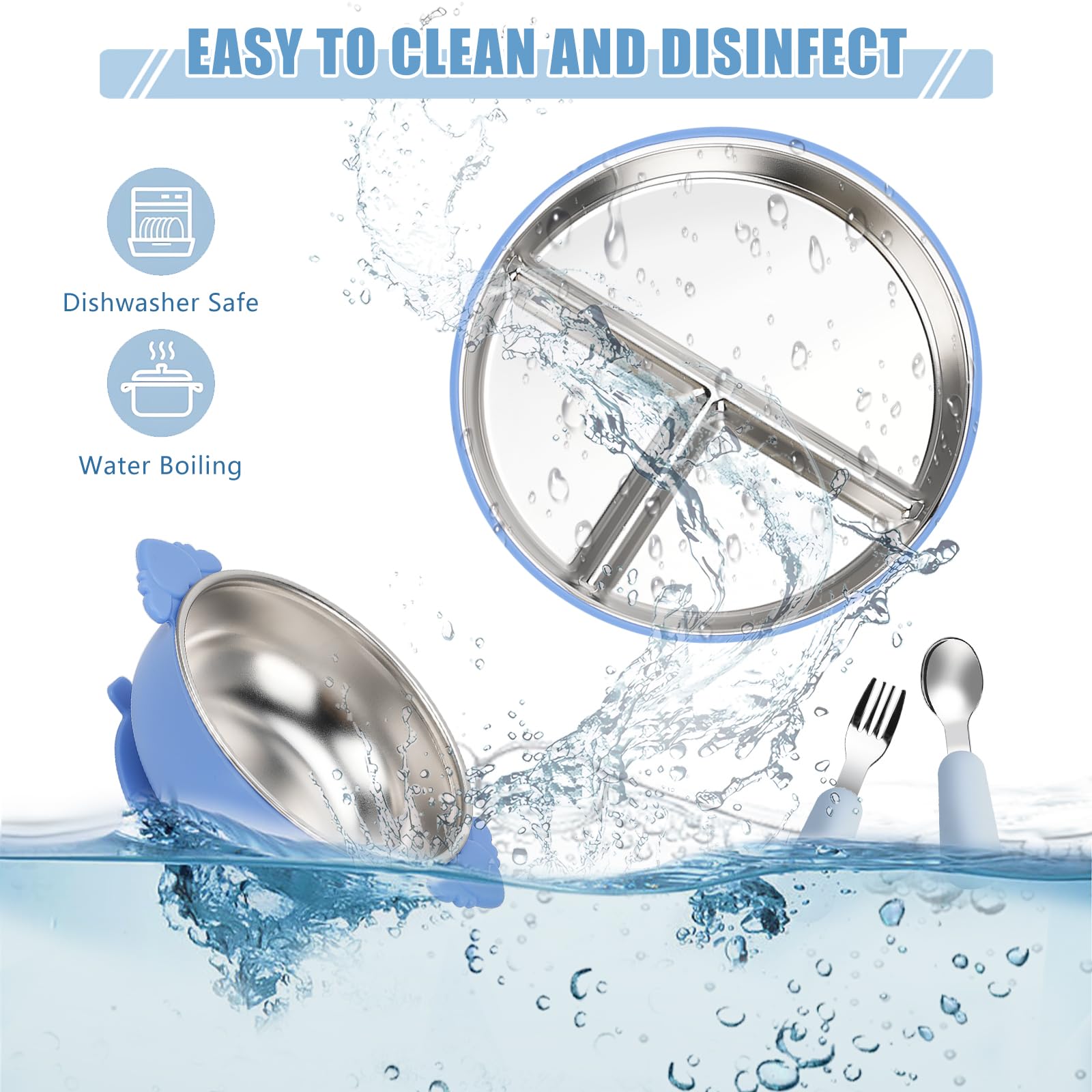 Lot de 2 assiettes à ventouse en acier inoxydable, 1 fourchette et cuillère en acier inoxydable, antidérapantes, accessoires BLW, pour lave-vaisselle, sans BPA, bleu