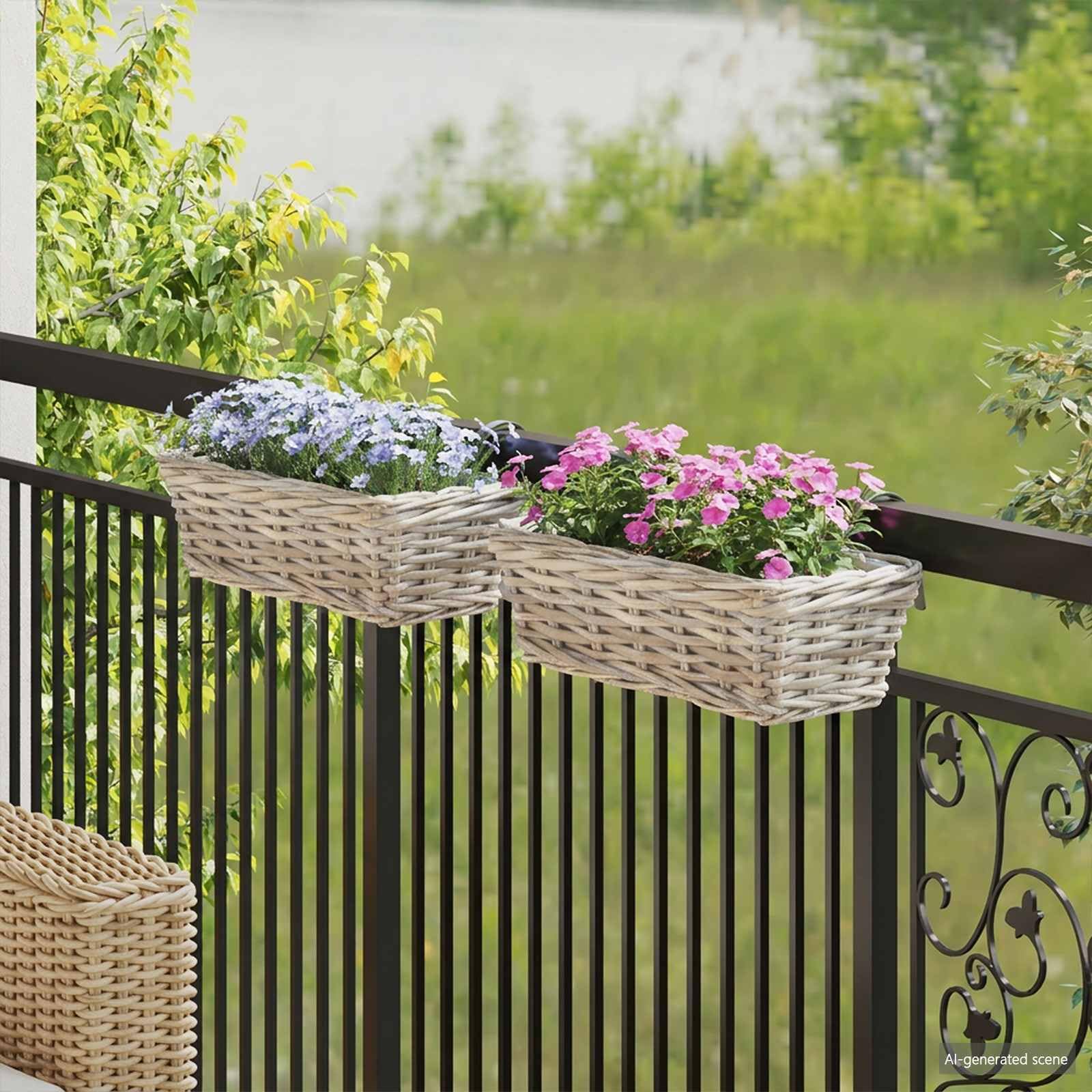 Pots de fleurs suspendus en rotin gris pour éviter les fuites d'eau