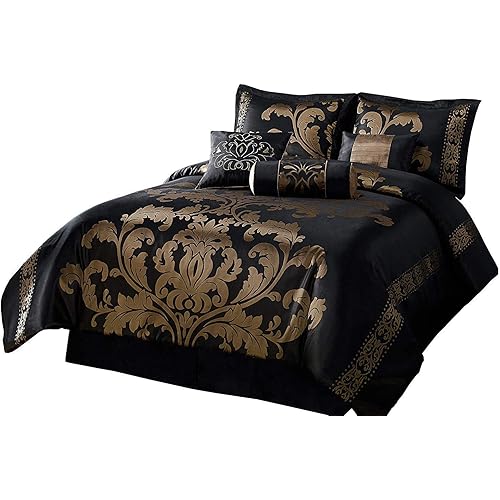 7-Piece Jacquard Floral Comforter Set Bed-in-a-Bag, California King, Black/Gold
