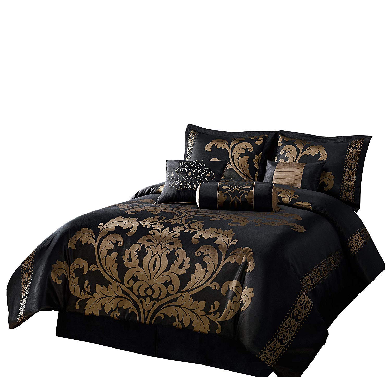 7-Piece Jacquard Floral Comforter Set, California King, Black/Gold