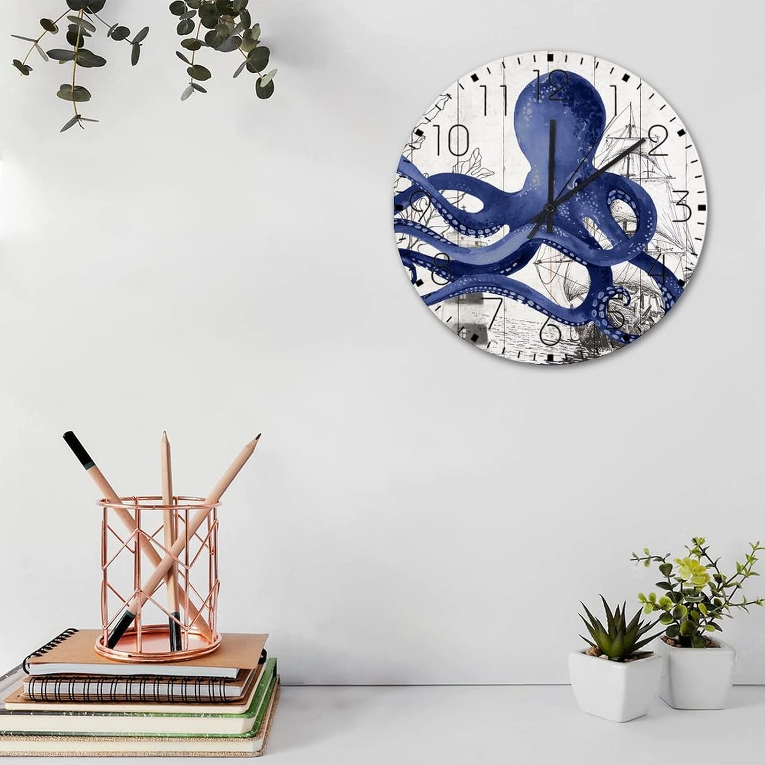 Wooden Wall Clock Non-Ticking Sweep Movement Nautical Beach Ocean Theme Underwater Octopus Decorative Wall Clocks Shells Starfish Coastal Beach Home Decor for Hall Lofts Daycare 12 Inch