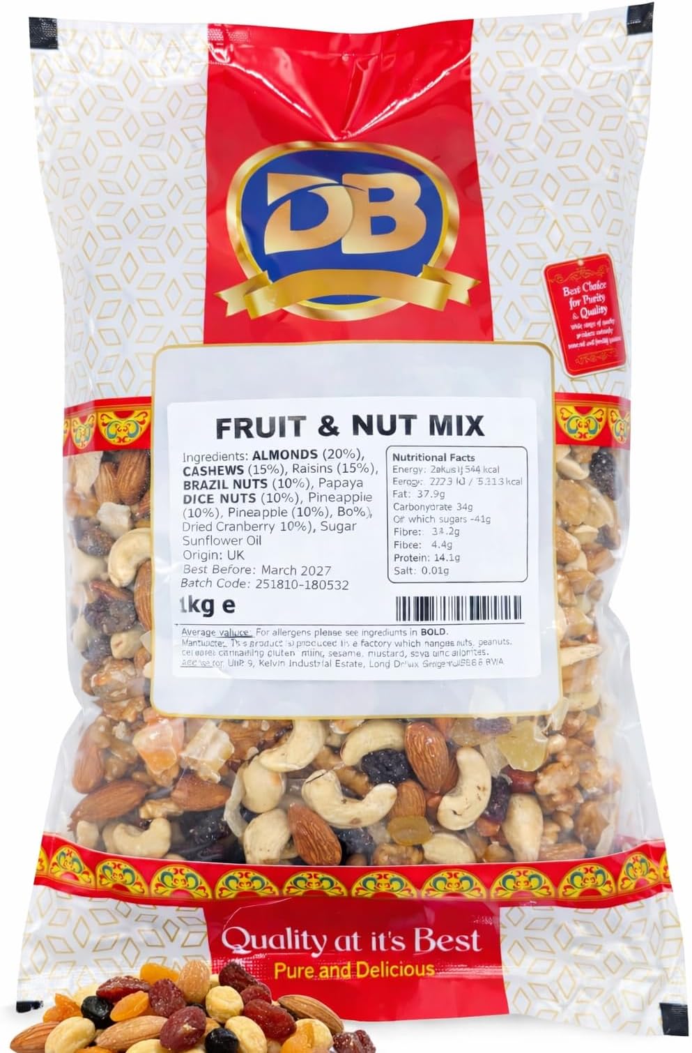Fruit and Nut Mix 1kg, Premium Quality Unsalted Mixed Nuts and Dried Fruits, Suitable for Vegetarian Diets