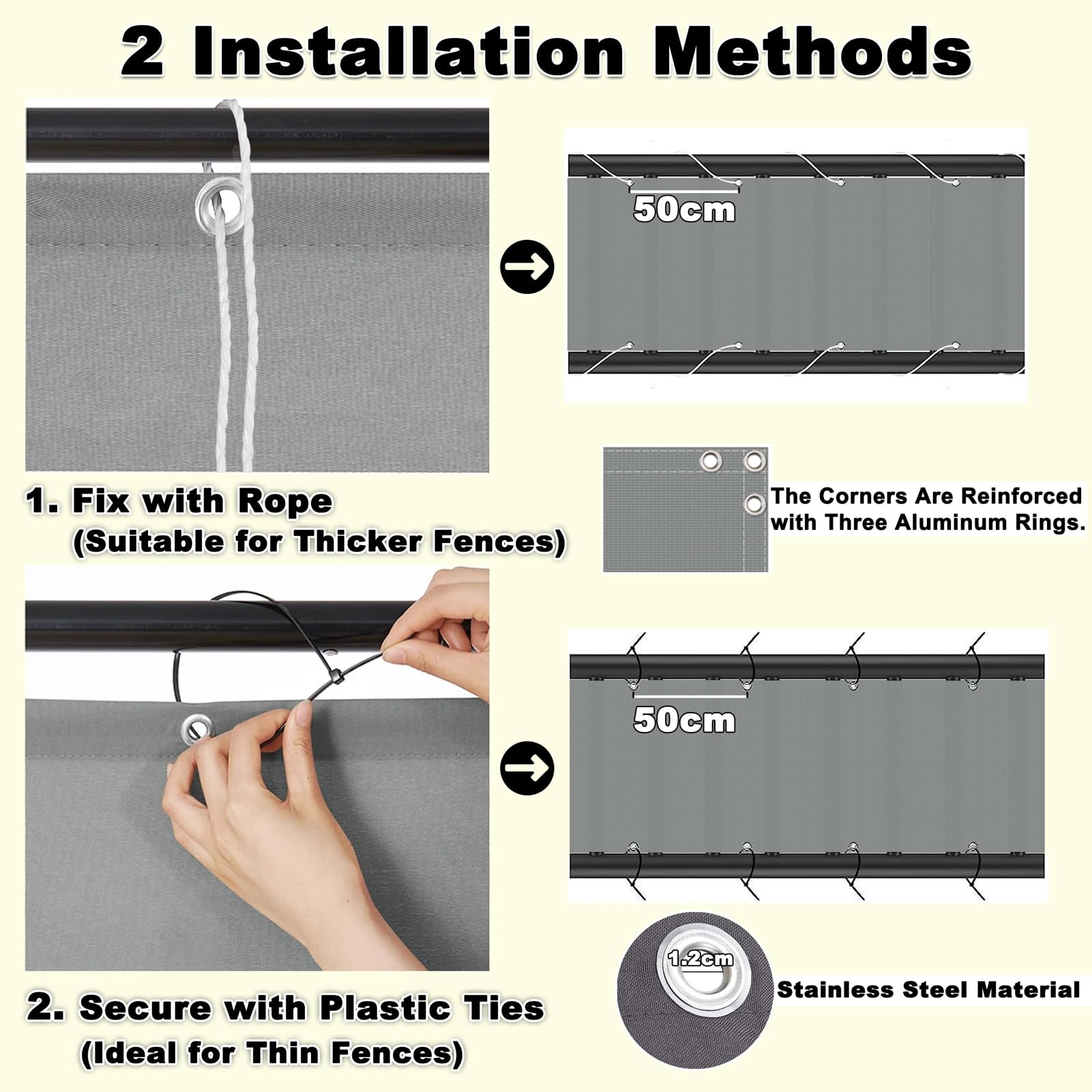 Recinzione da giardino per balcone, 1 m x 10 m, resistente alle intemperie, con protezione UV, occhielli per parabrezza, fascette stringicavo in nylon e rete di protezione a rete, grigio chiaro.