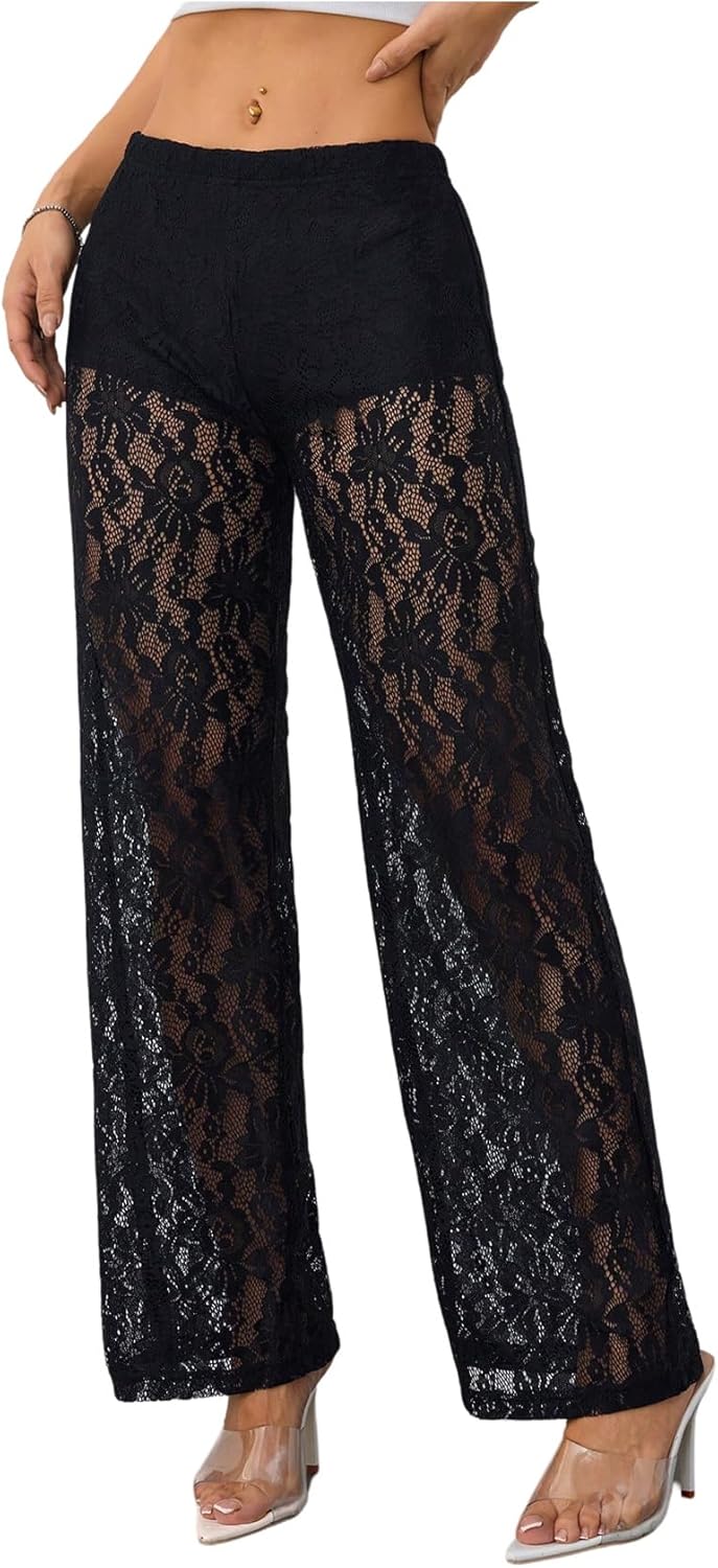 GORGLITTER Women's Lace Boho Pants Sheer Mesh High Waisted Straight Leg See Through Party Clubwear Trousers