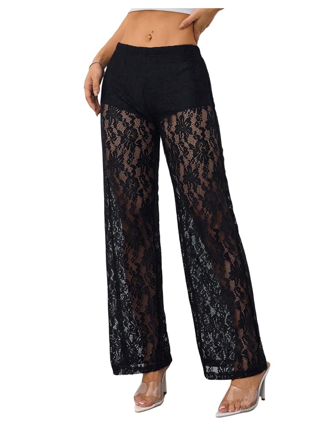 Floerns Womens Floral Lace Straight Leg Pants See Through Low Rise Party Date Night Trousers