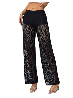 GORGLITTER Womens Lace Boho Pants Sheer Mesh High Waisted Straight Leg See Through Party Clubwear Trousers