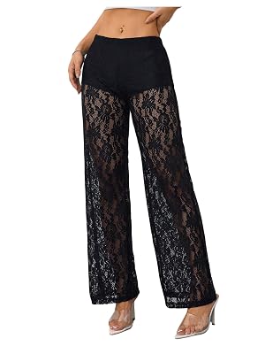 Floerns Womens Floral Lace Straight Leg Pants See Through Low Rise Party Date Night Trousers