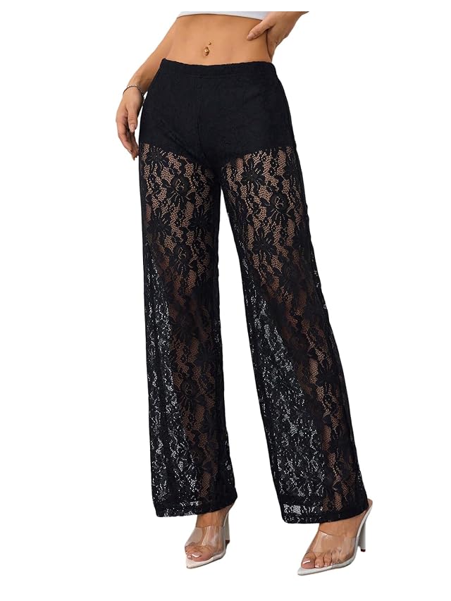 GORGLITTER Womens Lace Boho Pants Sheer Mesh High Waisted Straight Leg See Through Party Clubwear Trousers