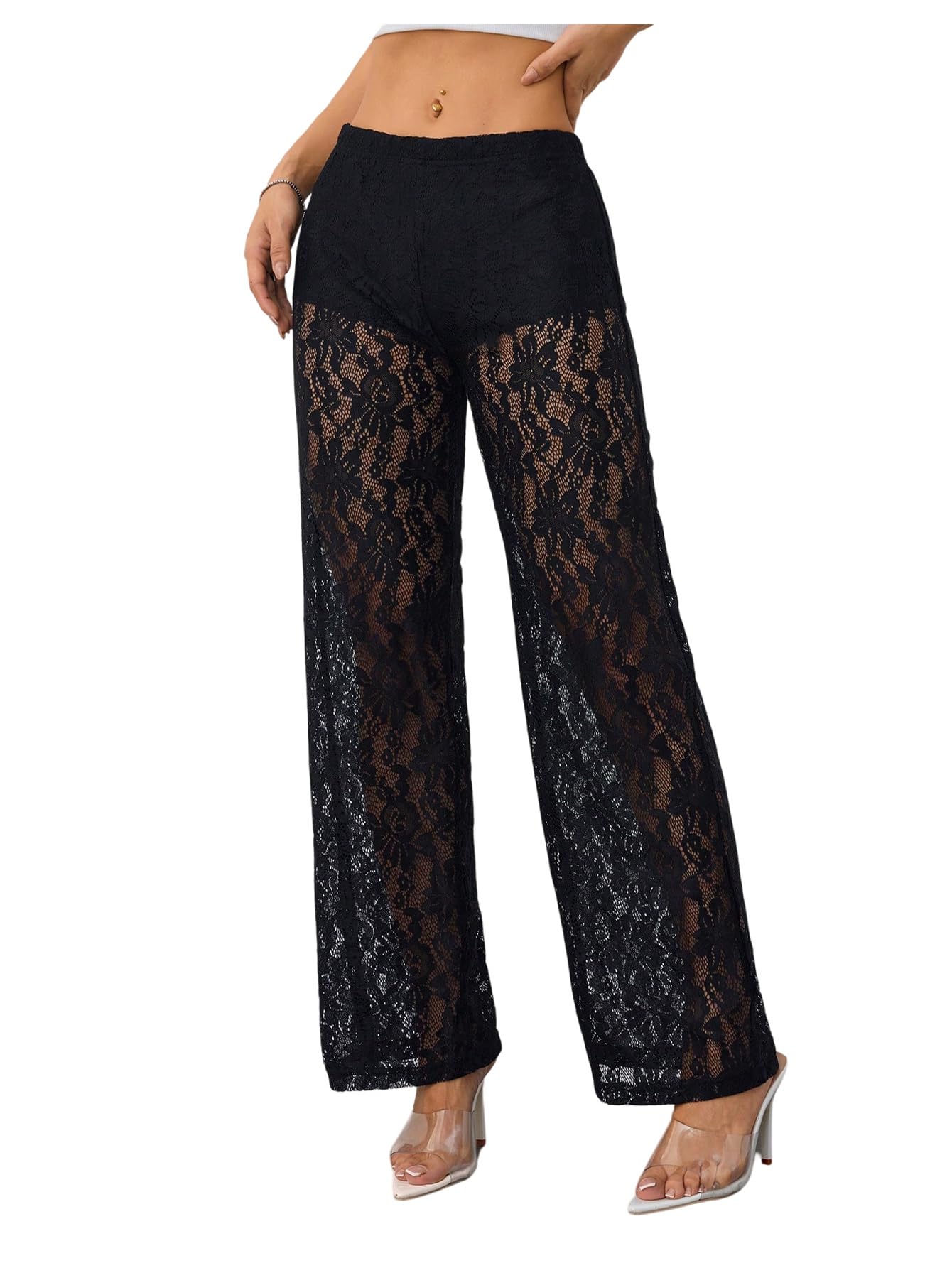 GORGLITTER Womens Lace Boho Pants Sheer Mesh High Waisted Straight Leg See Through Party Clubwear Trousers