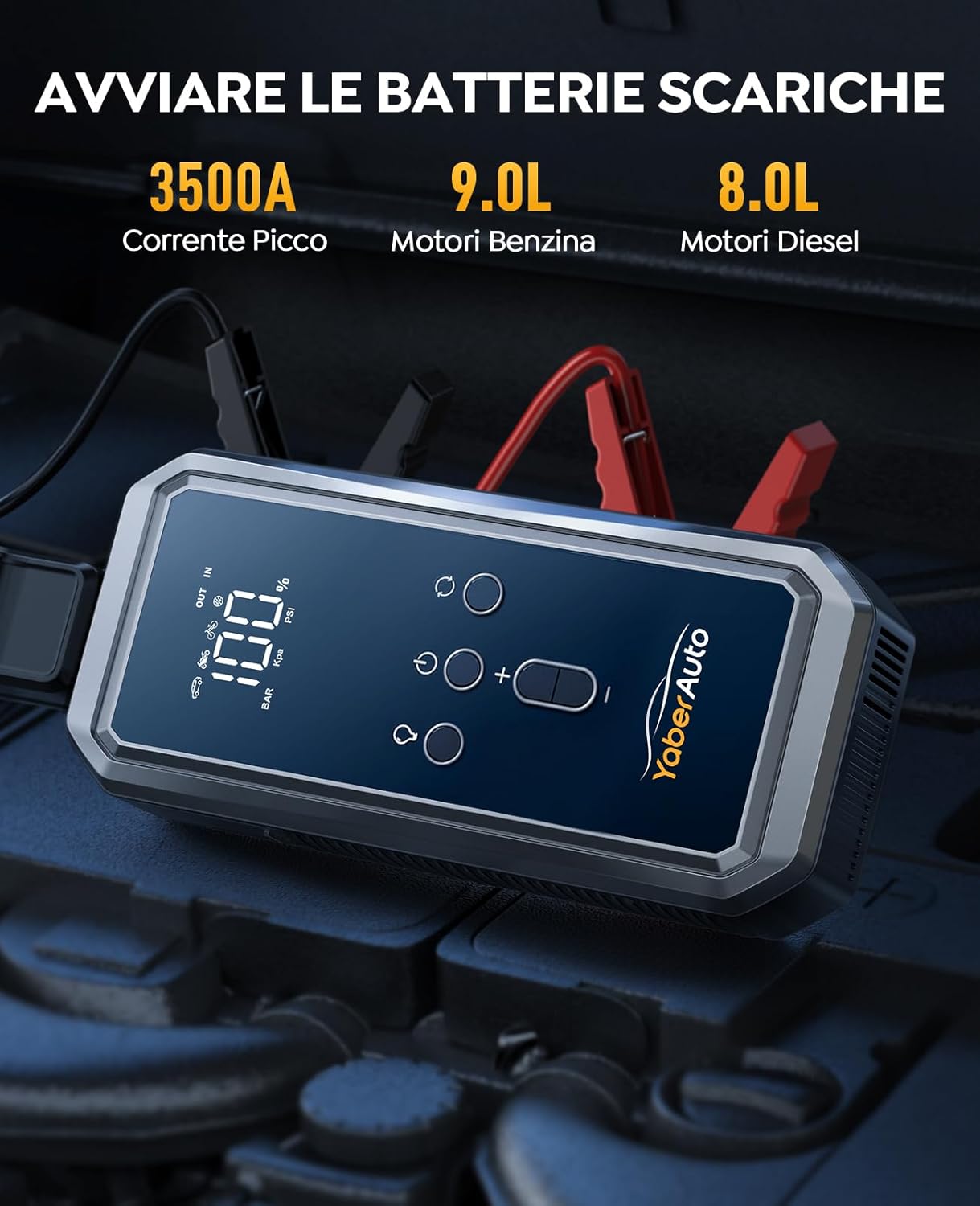 YaberAuto Avviatore Emergenza per Auto, 21800mAh Booster Avviamento Auto/Moto, 12V Starter Batteria Auto (9.0L Gas/8.0L Diesel) con Compressore 150PSI,Uscita DC 160W,Ricarica Rapida USB 18W,Torcia,LCD - Immagine 3