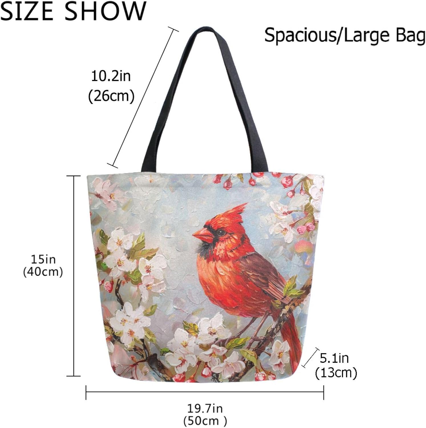 Fashion Pattern Extra Large Shoulder Grocery Tote Bag, Beautiful Cardinal in Cherry Flower Branch Canvas Daily Handle Bag for Gym Weekender Beach Travel Kitchen Reusable Market Shopping image 4