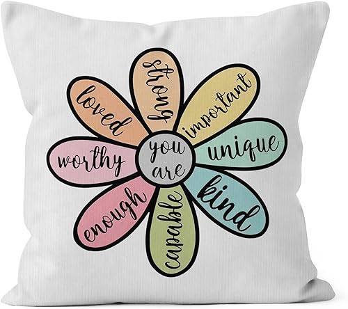 HIWX You are Enough Loved Kind - Funda de almohada decorativa con cita inspiradora, diseño de flores coloridas para sofá, cama, habitación,