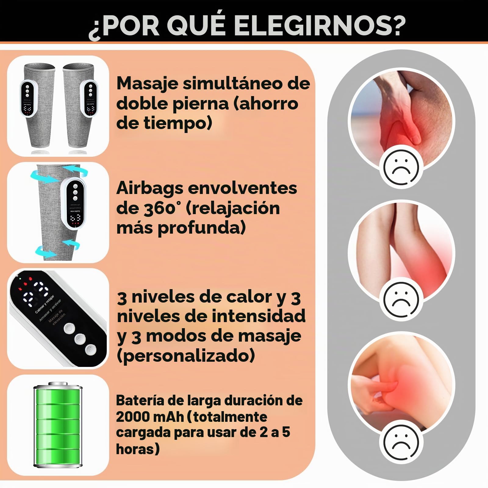 2 Piezas Masajeador Piernas, Masajeador pare Circulacion Piernas, Masaje de Compresión de Aire, 3 modos, 3 intensidades, 3 Niveles de Calor, 2000mAh para Hogar/Oficina/Post-Entrenamiento