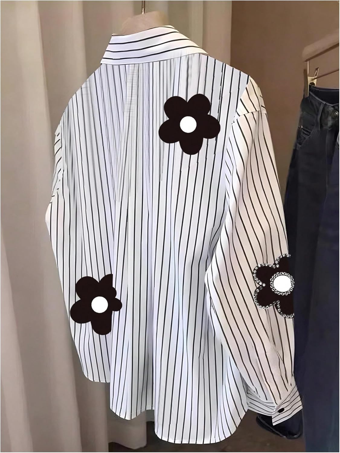 GORGLITTER Women's Floral Striped Long Sleeve Shirt Dressy Rhinestone Button Up Shirt Collared Blouses Business Casual
