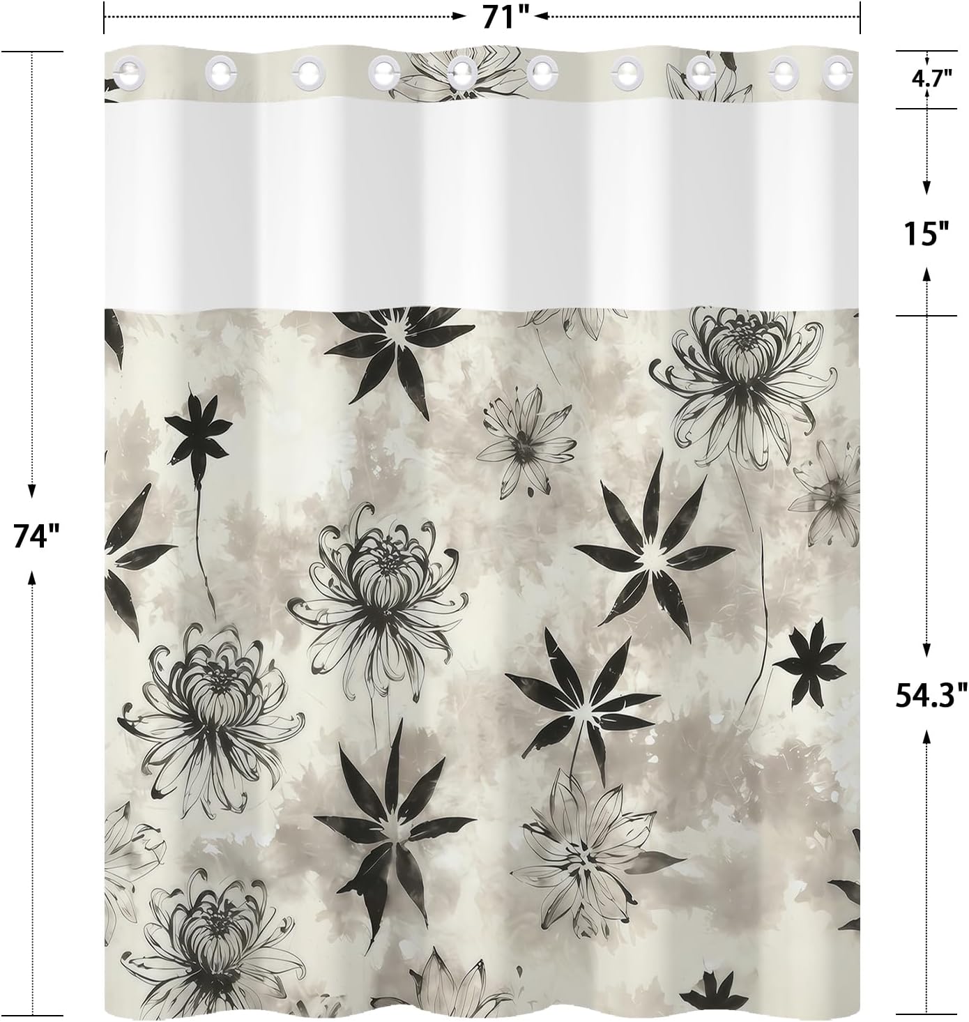 No Hook Farmhouse Shower Curtain and Liner Set 71 x 74 Inch - Black Line Floral Pattern, Waterproof Fabric Bath Curtain with Mesh Top for Minimalist Bathroom Decor