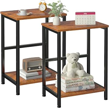 AMHANCIBLE Side Tables Set of 2, Bedside Tables, Coffee Table living room | 2-Tier Sofa Side Tables with Steel Frames, End Table for Small Spaces, Modern Nightstand for Bedroom, Brown UHET03SQBR