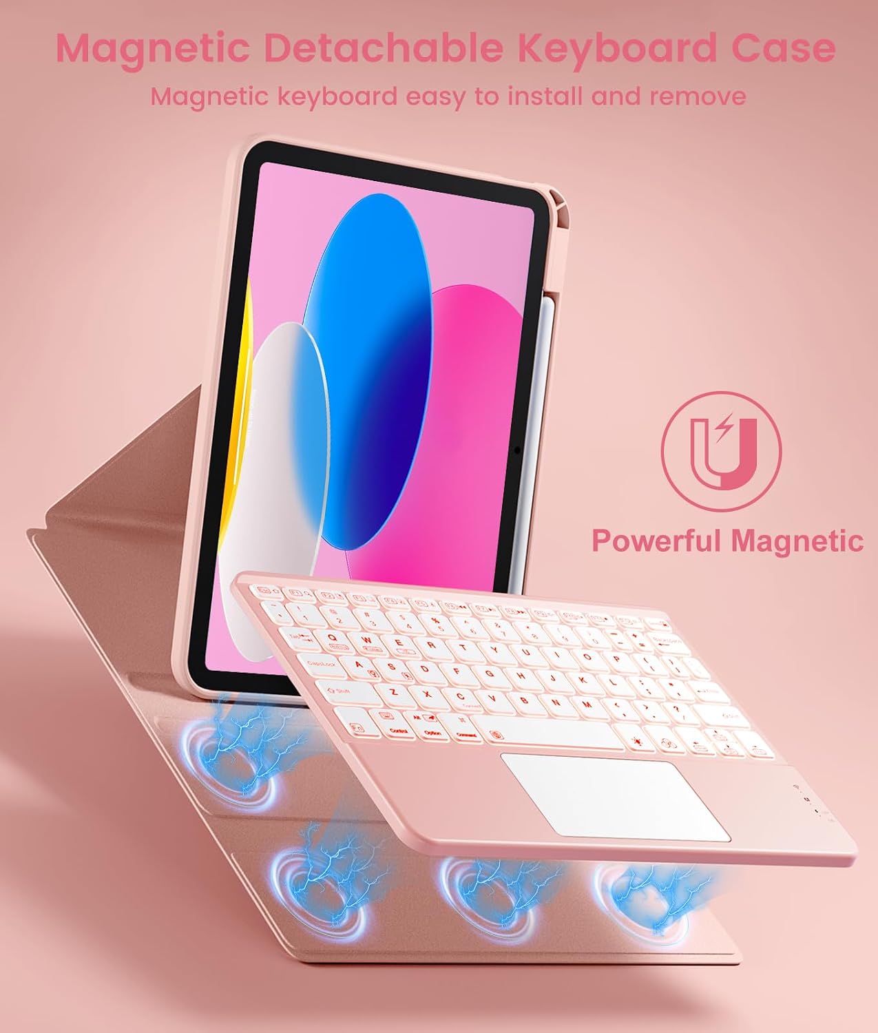 Harvopu for iPad 10th/11th Generation A16 Case with Keyboard, 360 Rotation Detachable Cover with Pencil Holder, Multi-Touch Trackpad, 7 Colors Backlit Keyboard for iPad (A16)/10th Gen (Light Pink)