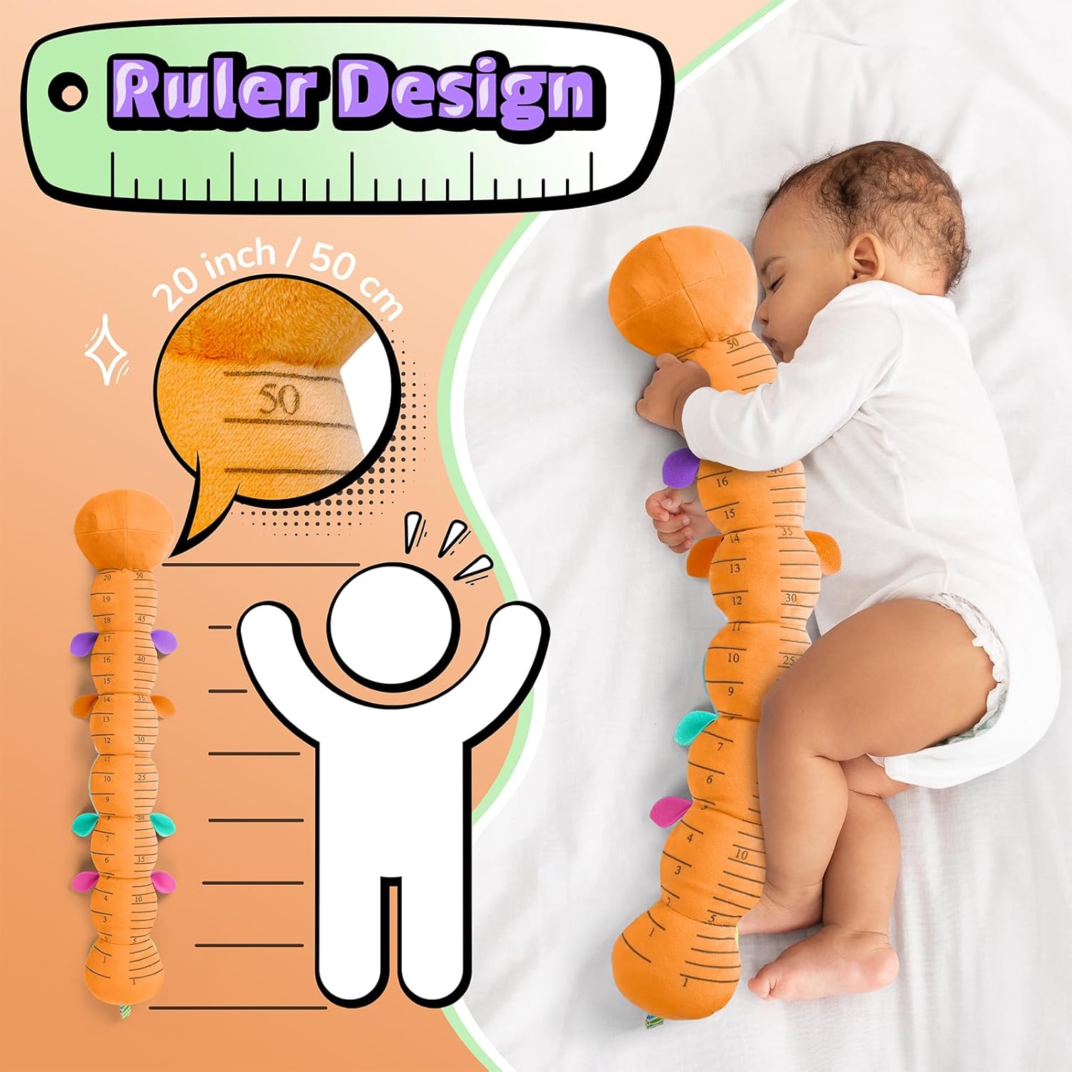 LIGHTDESIRE Baby Toys Musical Caterpillar,Stuffed Animals Infant Toys 3 6 12 Months Sensory Toys with Ruler Design,Crinkle&Rattles,Baby Teething Toy Tummy Time Boy Gifts Easter Basket Stuffer,Orange