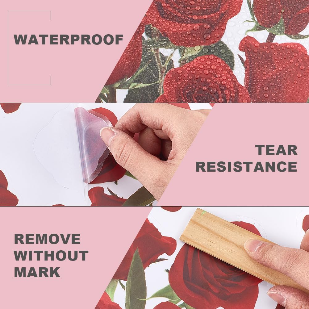 GORGECRAFT 4Pcs Red Rose Toilet Cover Sticker Decals Plants Toilet Stickers Flower Green Leaves Self-Adhesive Waterproof PVC Bathroom Bouquet Sticker for Valentine's Day Wall Toilet Lid Tank Seat