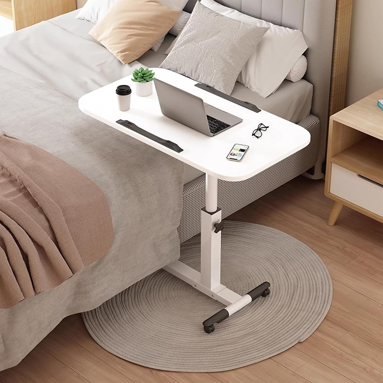 Overbed and Chair Table Desk with Wheels and Double Edge Stopper Device, Height Adjustment Bedside Table Laptop Workstation for Writing, Eating, Reading and Hobbies