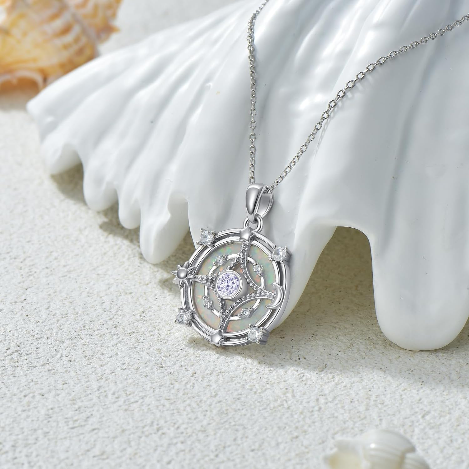 Opal Compass Necklace for Women Opal Necklace for Women Sun Moon Star Pendant 925 Sterling Silver North Star Anniversary Birthday Gifts Jewelry for Her - Image 2