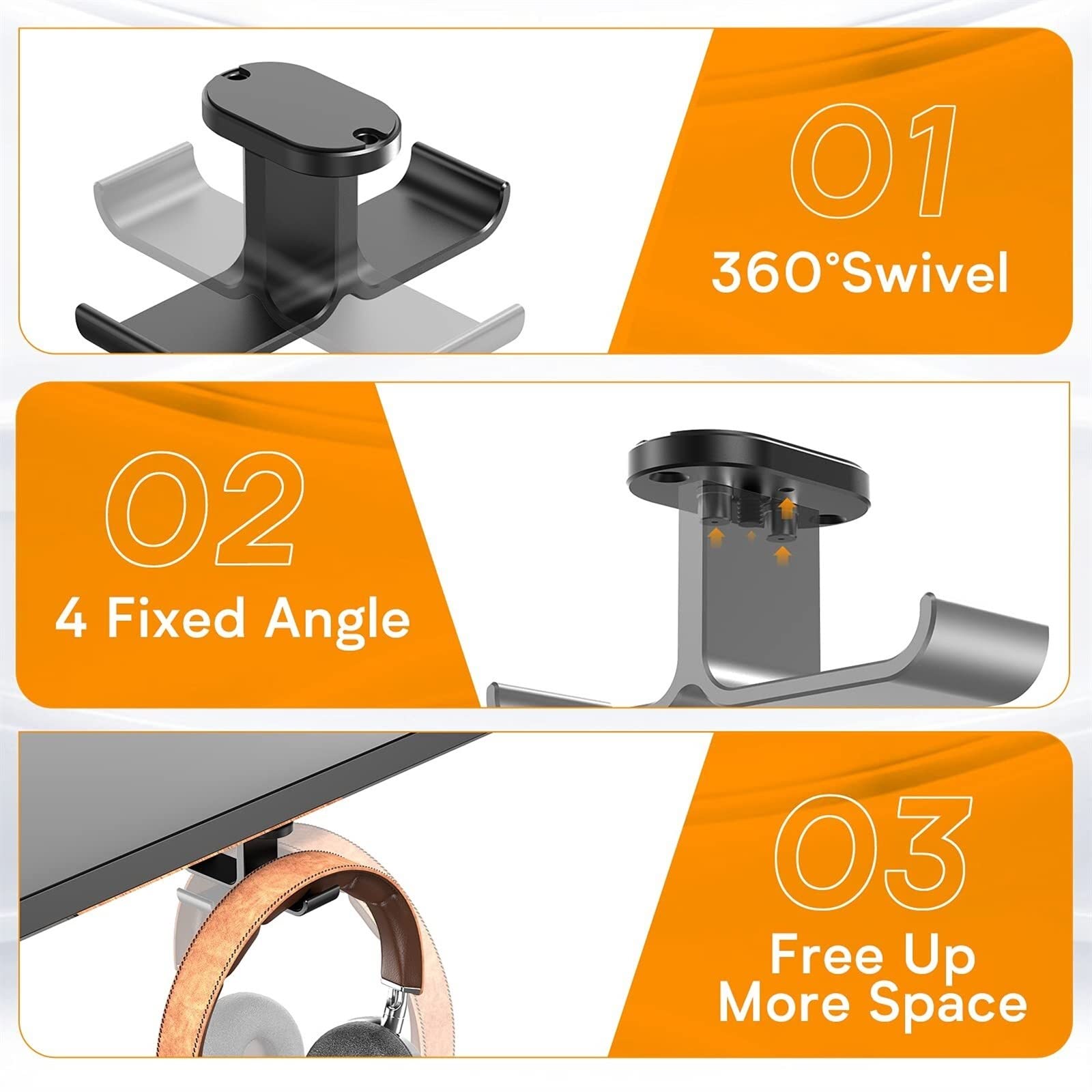 Gancio per cuffie, Gancio for cuffie Stand sotto la scrivania Gancio Rotazione a 360 ° Gancio for stantuffo a sfera Adesivo adesivo in alluminio Doppio supporto for cuffie Supporto for PC Accessori fo