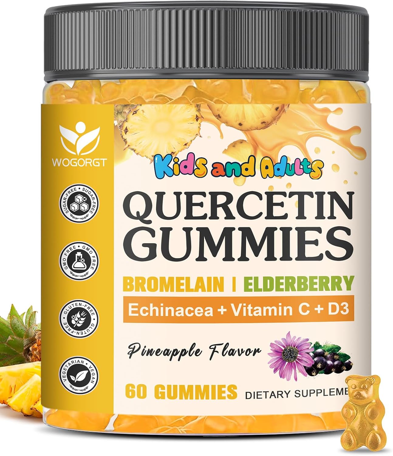 Quercetin Gummies with Bromelain for Adults & Kids - Immune & Seasonal Wellness Support, 800mg Quercetin with Bromelain, Zinc, Elderberry, Vitamin C & D3 - Sugar Free, Vegan, Pineapple Flavor, 60 Ct