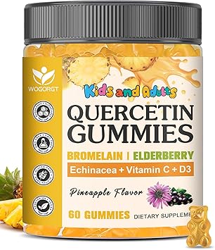 Quercetin with Bromelain Gummies for Kids & Adults - Immune & Seasonal Wellness Support, 800mg Quercetin Gummies with Bromelain, Zinc, Elderberry, Vitamin C & D3 - Sugar Free, Pineapple Flavor, 60 Ct