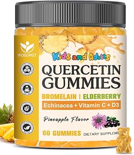 Quercetin with Bromelain Gummies for Kids & Adults - Immune & Seasonal Wellness Support, 800mg Quercetin Gummies with Bromelain, Zinc, Elderberry, Vitamin C & D3 - Sugar Free, Pineapple Flavor, 60 Ct